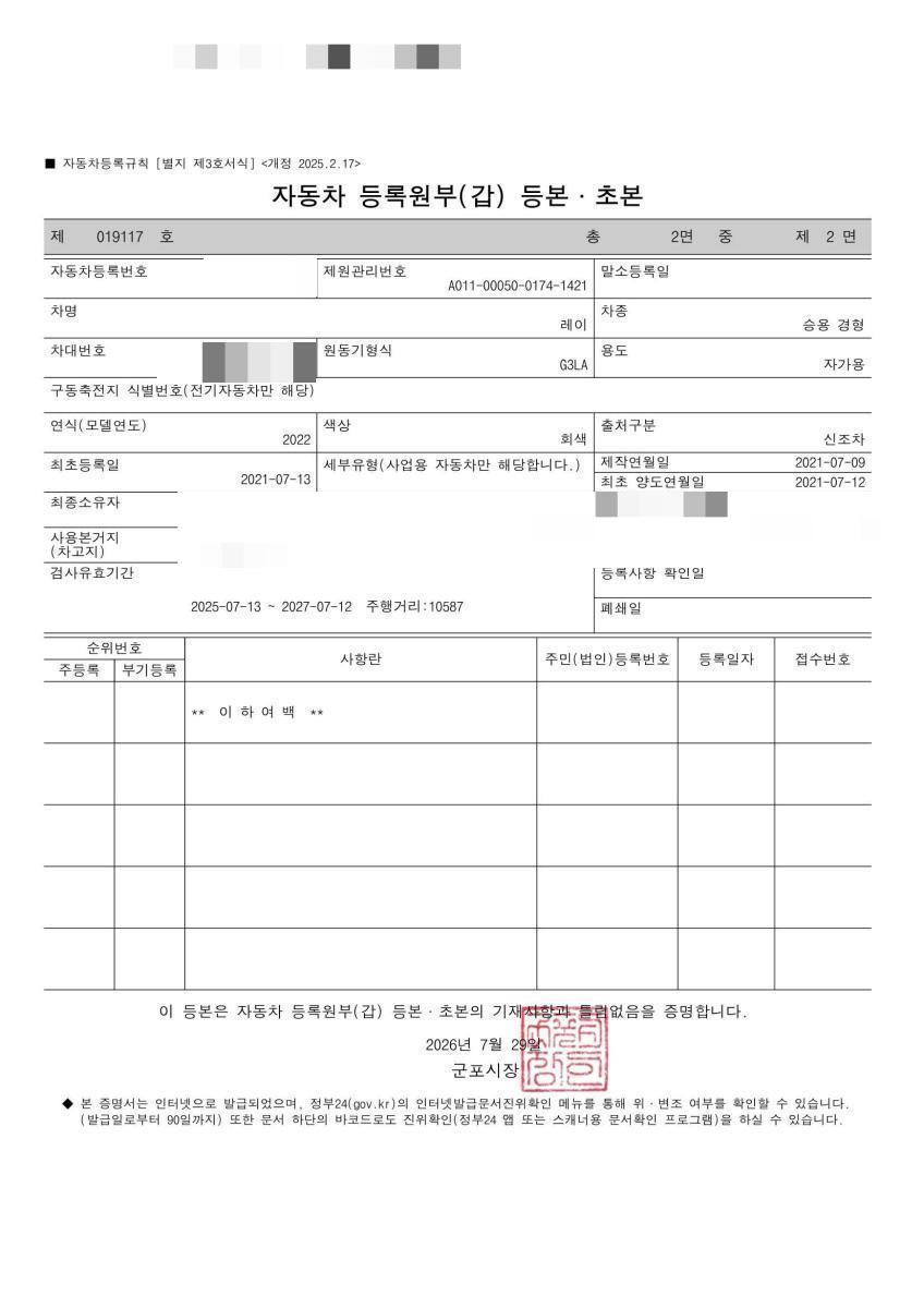 Kia RAY 밴 2021